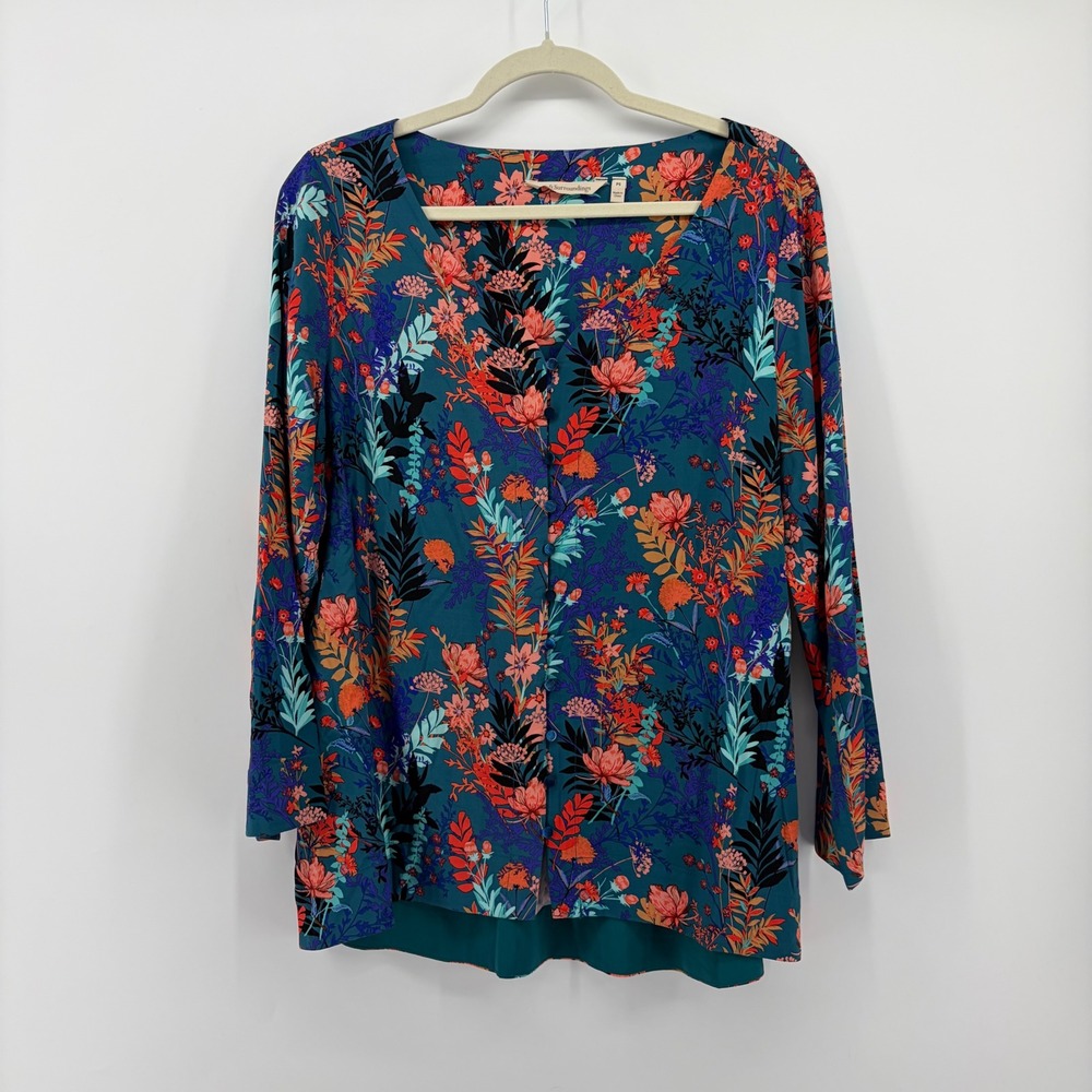 Soft Surroundings Womens PS Teal Floral V-Neck‎ Button Front Long Sleeve Top